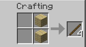 This image shows the 2x2 crafting grid in Minecraft with two wood planks, in a vertical arrangement, with the output being four wooden sticks.