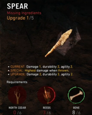 This image shows the crafting page for the spear in Far Cry Primal