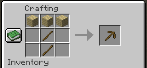 A 3x3 crafting grid with the recipe for a wooden pickaxe